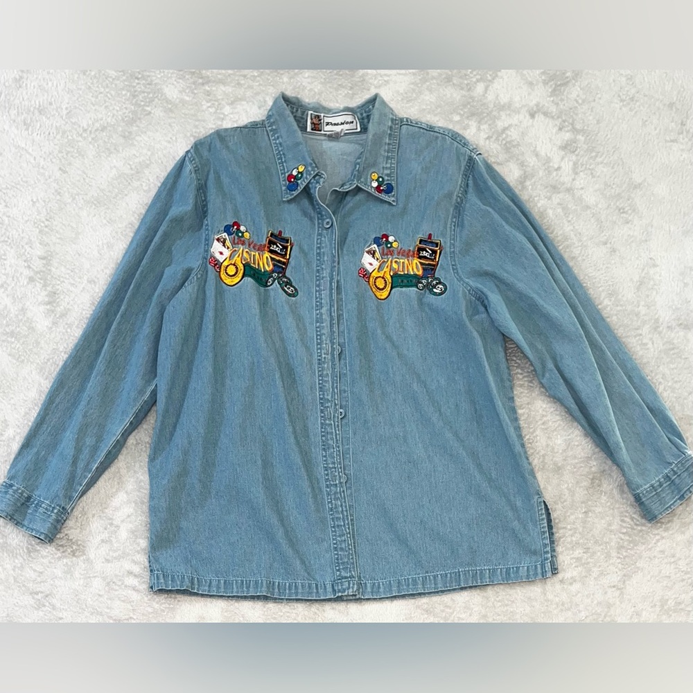 VTG Women’s Large Passion‎ Embroidered Las Vegas Casino LS Denim Button-Up Shirt